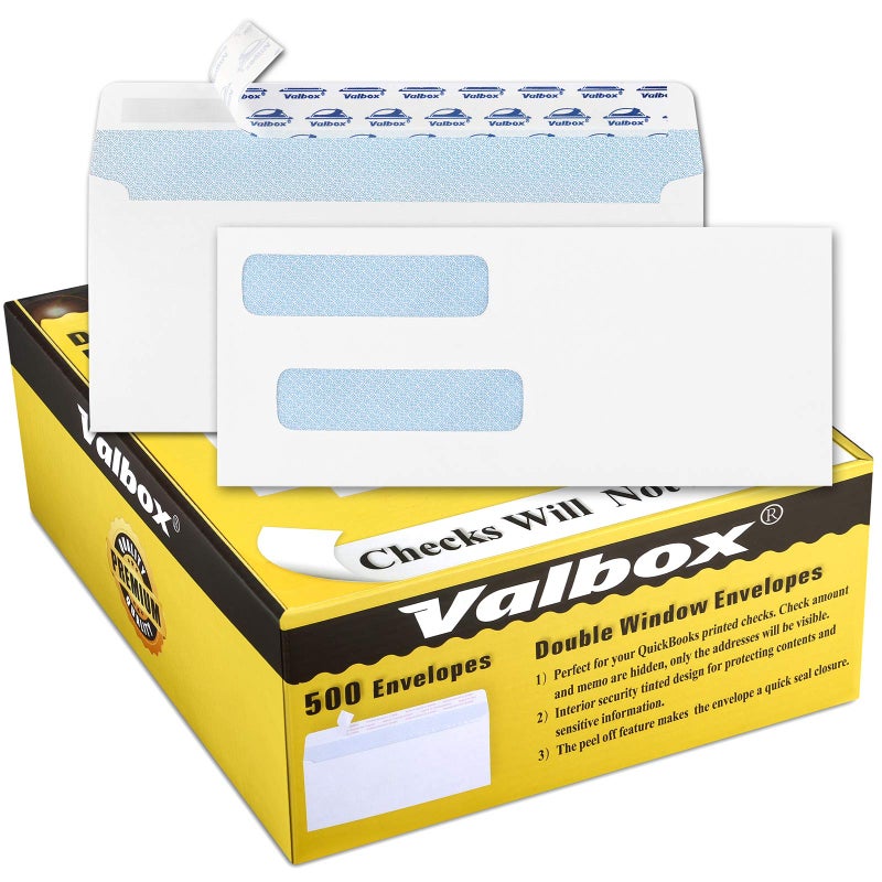 ValBox 500 Count #8 Double Window Envelopes 3 5/8" x 8 11/16" Self Seal Double Window Security Check Envelopes- Security Tint Pattern Designed for Home Office Secure Mailing - Image 1